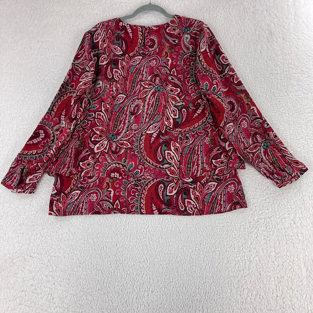 J. Jill Shirt Women Large Red Paisley Print Tiered Long Sleeve Round Neck Casual